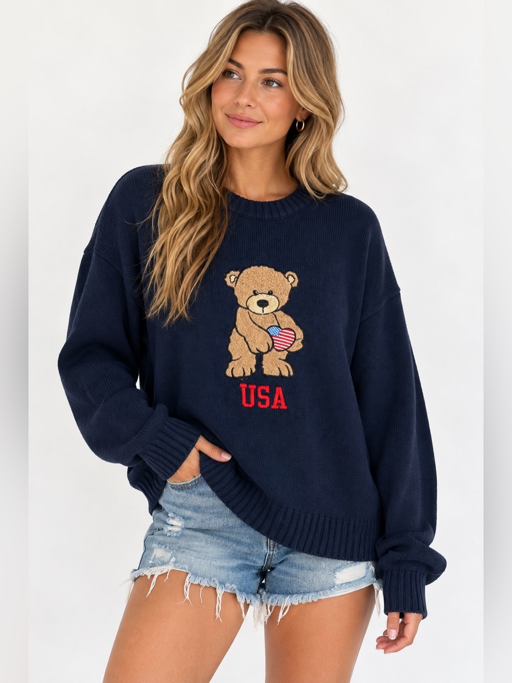 Stella Tweed Teddy Bear USA Navy Crewneck Sweater Size L